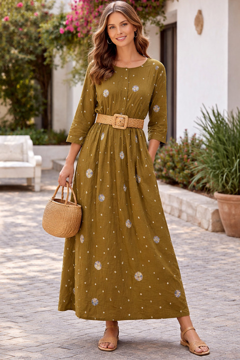 No Saint Dresses & Skirts - Olive Maxi Cotton hand print Tie Dye Dress Bohemian Beach Peasant EmpireFits 2XL
